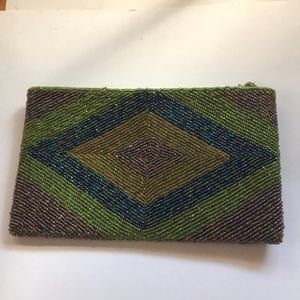 Beaded little bag green blue gold